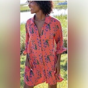 Natural Life Button Down Shirt Dress Cotton Orange with Floral Pattern Small